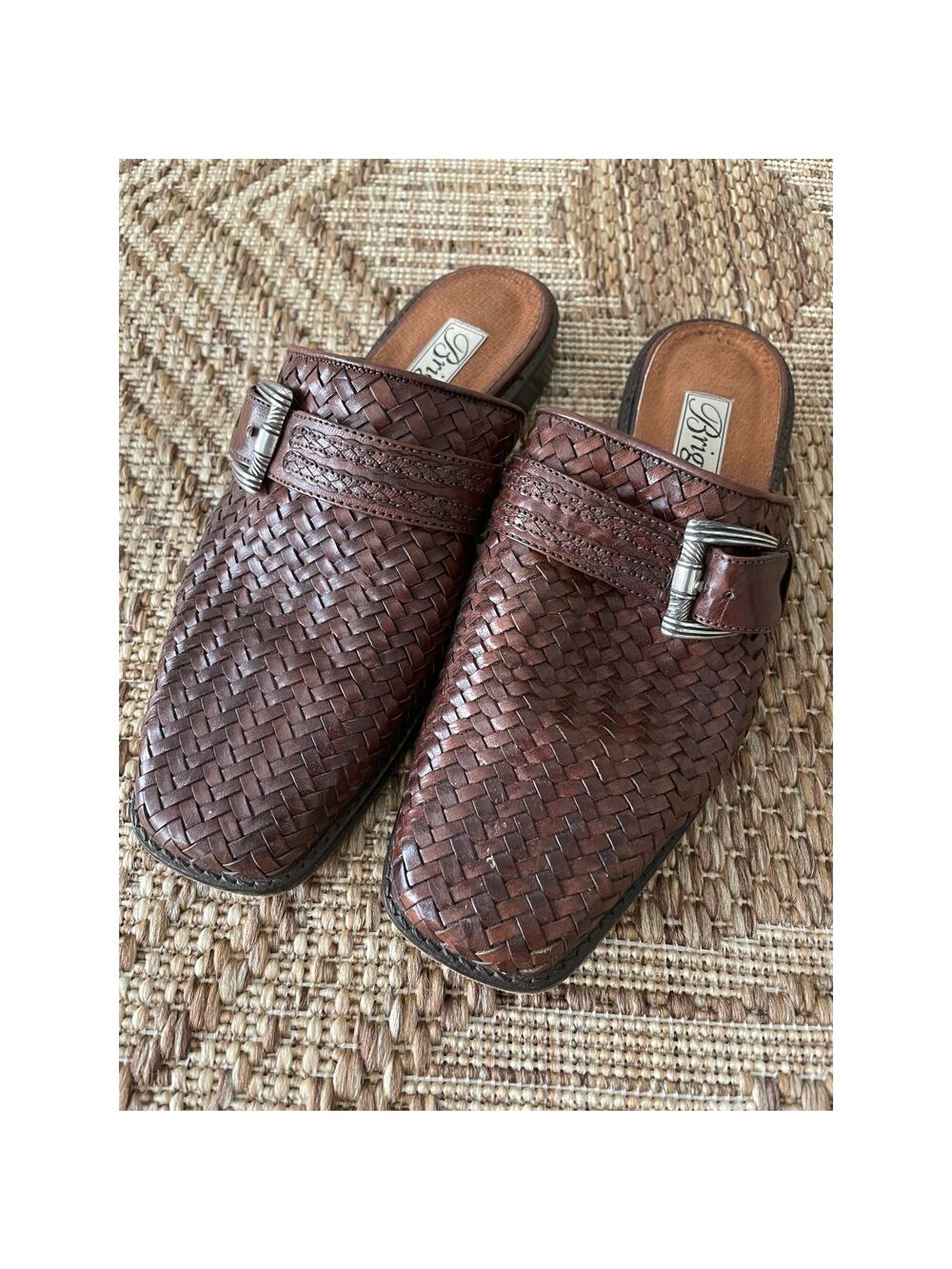 Vtg. 90s Brighton Leather buckled block heel mules Sz 6.5  Made in Italy